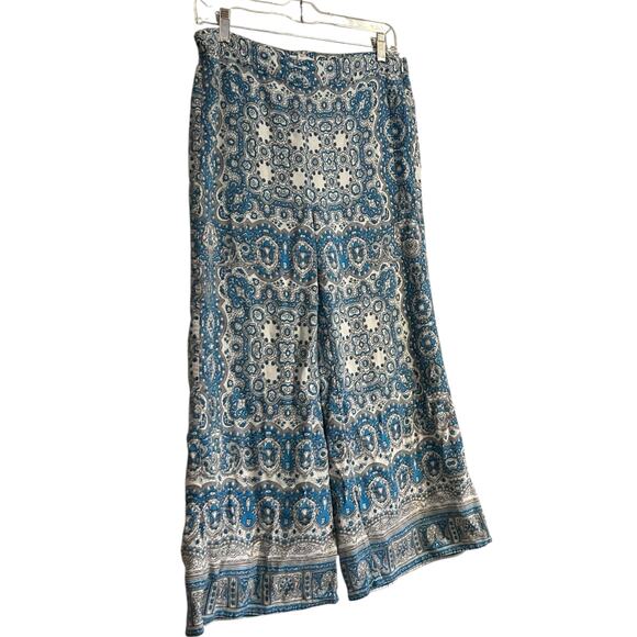 Feather Bone Blue White Wide Leg Pants Womens Sz 6 Paisley Boho Maximalist Loose - Picture 3 of 16